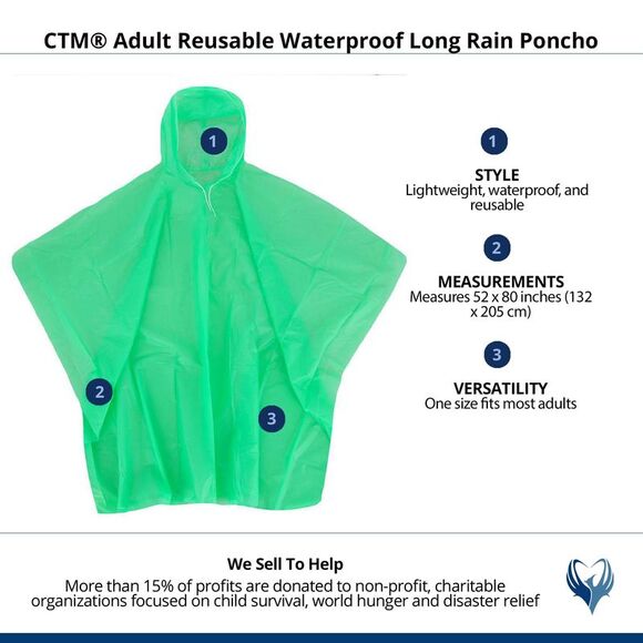 CTM Adult Reusable Waterproof Long Rain Poncho - Picture 3 of 3